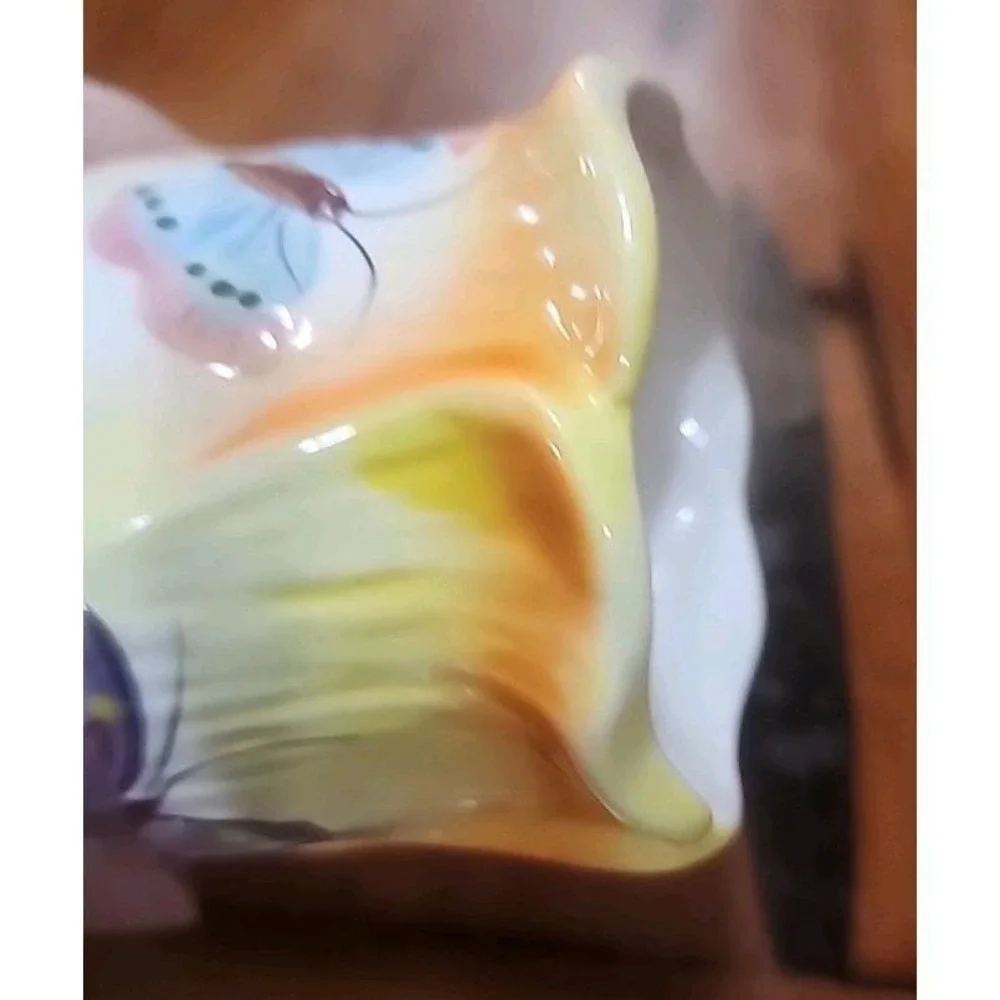 Vintage Butterfly Handpainted Small Bud Vase Planter Footed Colorful 3 1/2 X 3
